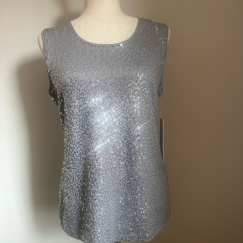 Laura Ashley women’s sequin top blouse Gray Small NWT sleeveless holiday